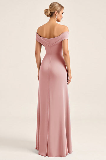 Blush Pink Sheath Off the Shoulder Ruched Satin Long Bridesmaid Dress with Slit